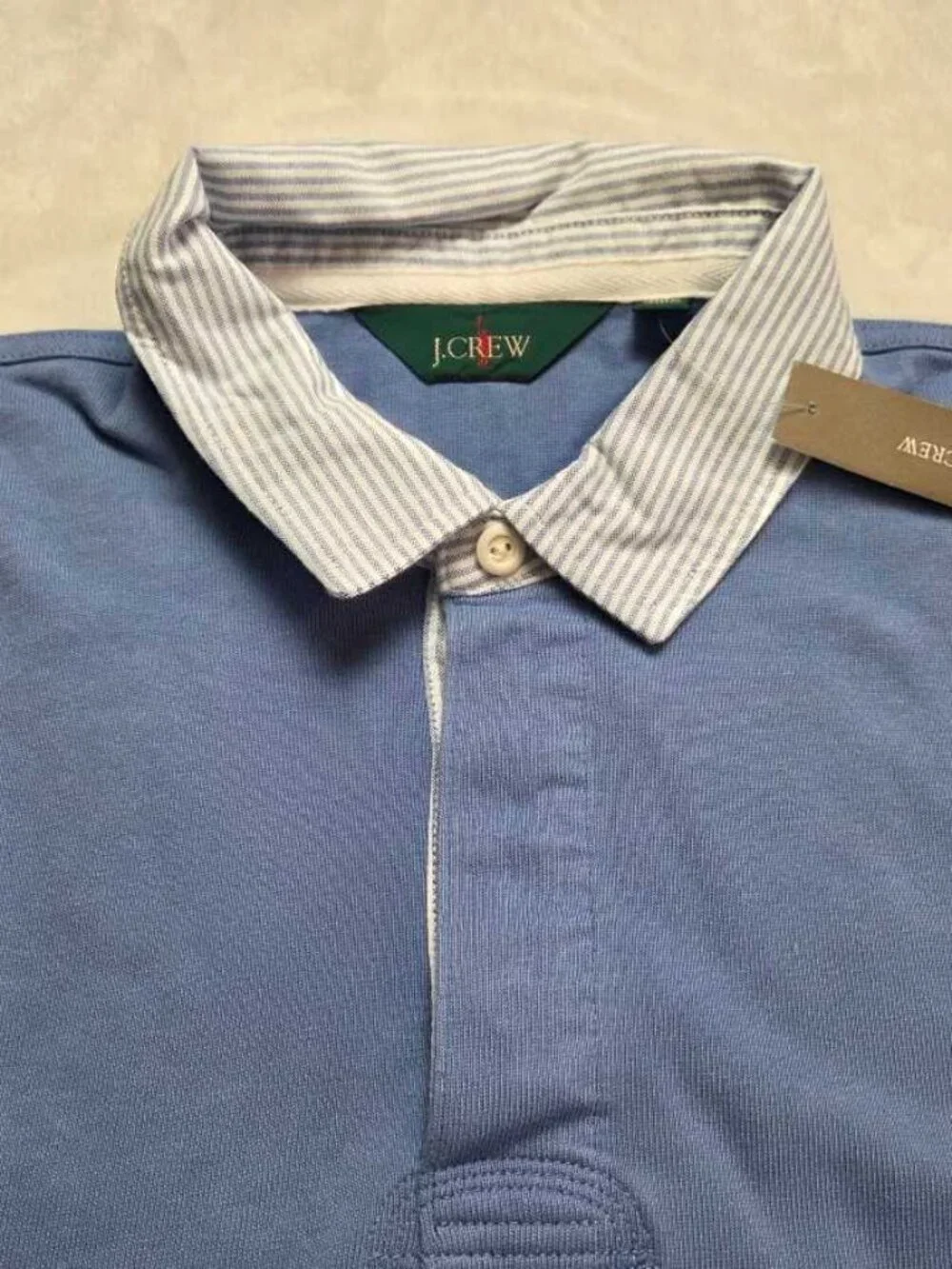 New (flaw) L J.Crew rugby shirt with striped oxford collar blue longsleve polo 1